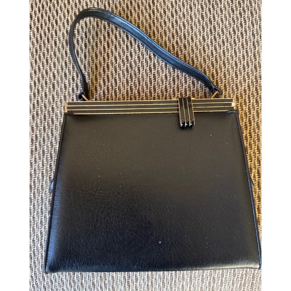 Saks Fifth Ave Leather Handbag Purse Black MCM Sleek‎ Metal Clasp Vintage 1960s